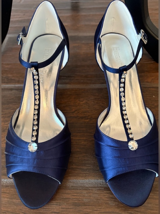 Elegant Park Shoes - Elegant Navy Satin T-Strap Heels with Crystal Embellishment